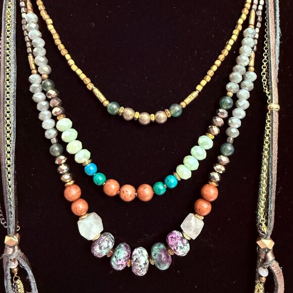Nakamol Multilayered Beaded Necklace Semi-Precious Stones Gold Accents Tassels - Picture 2 of 9